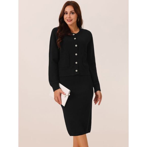 Two Piece Winter Button Down Cardigan Midi Skirts Casual Lounge Set Black - Picture 3 of 5